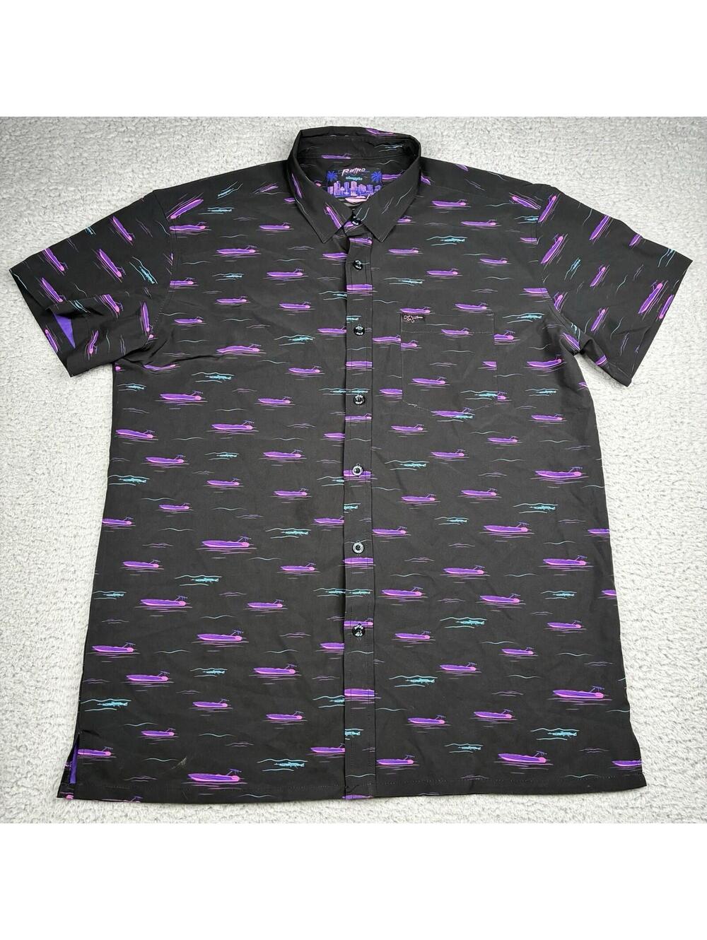 Retro Rifle Smuggler Hawaiian Shirt Mens XL Black Purple Boat Print